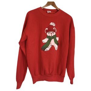 VTG 80s Christmas Sweatshirt XL USA Puff Paint Teddy Bear Red Cozy Grannycore
